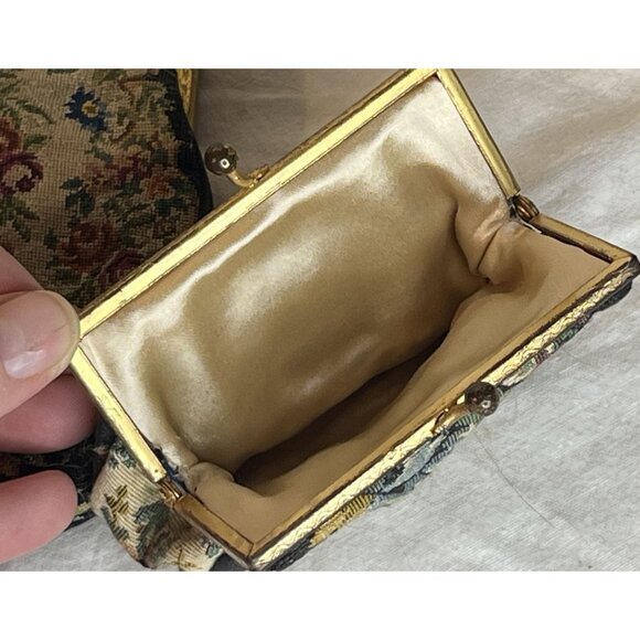 Antique Handmade Floral Needlepoint Tapestry Handbag &amp; Small Coin Purse with - Picture 12 of 16